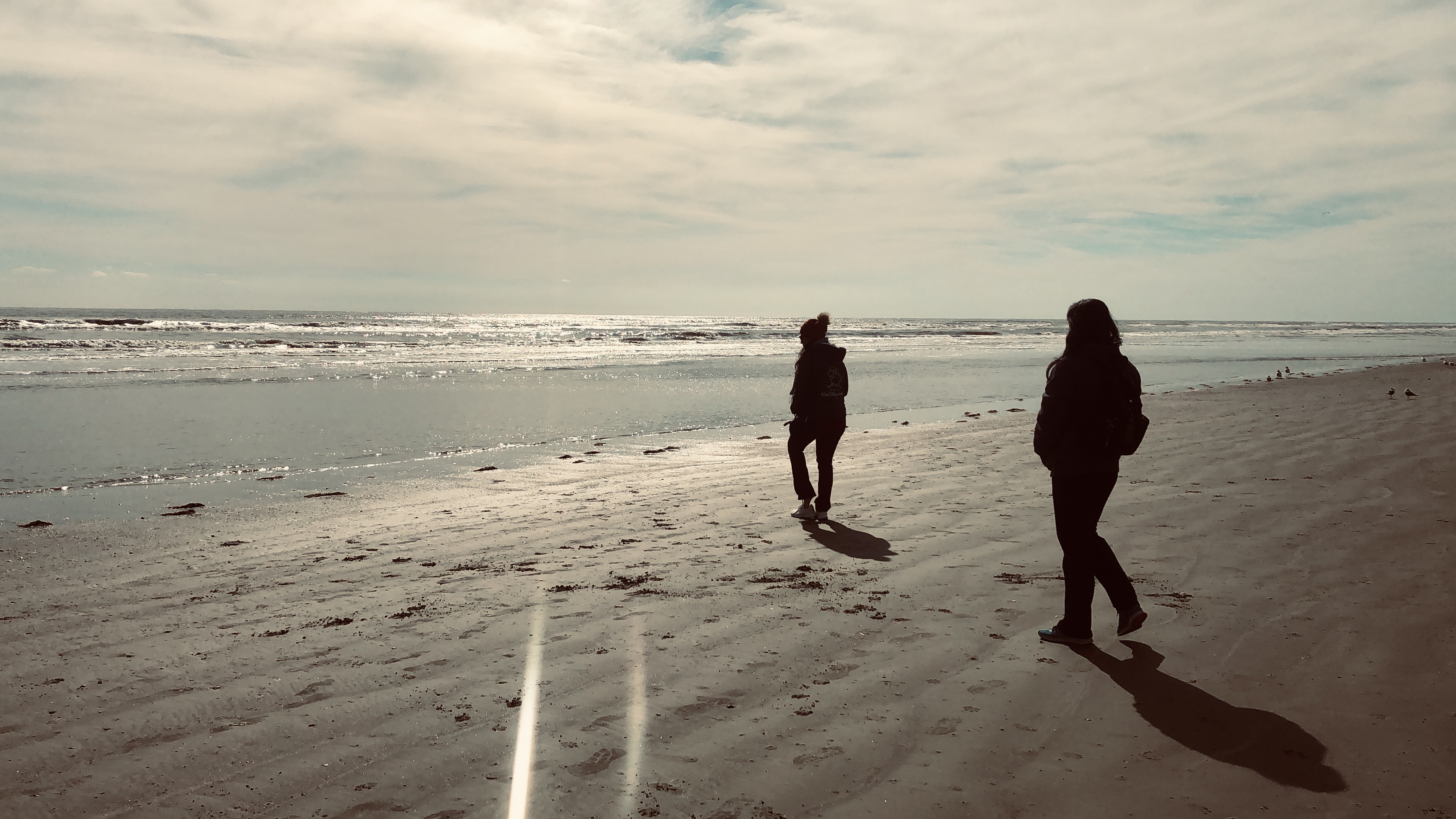 Two women walking the beach together
