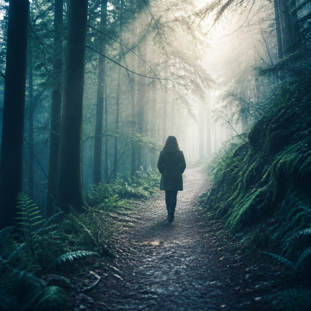 A person walking a quiet, misty forest path toward soft light