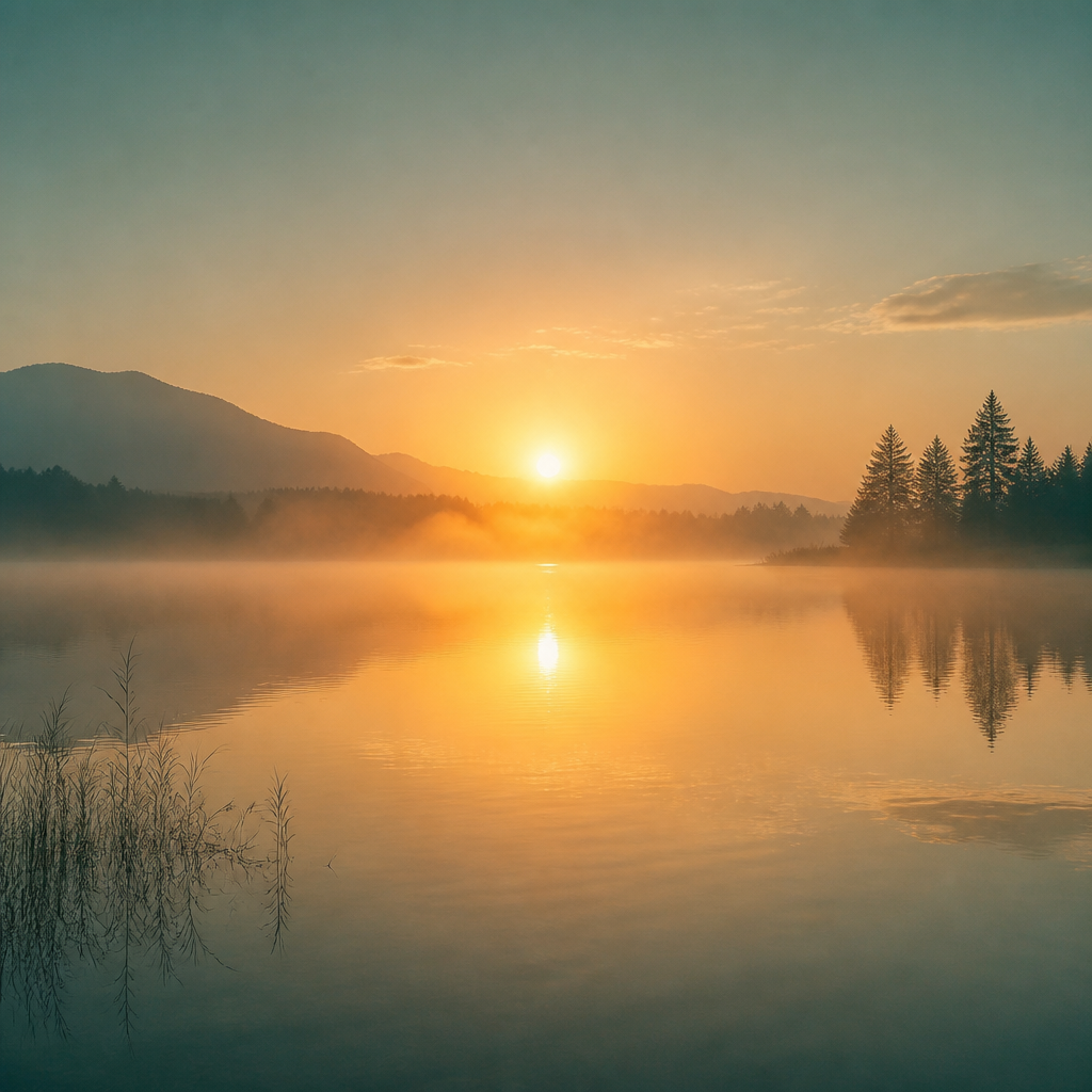 Golden sunrise reflected over a calm lake
