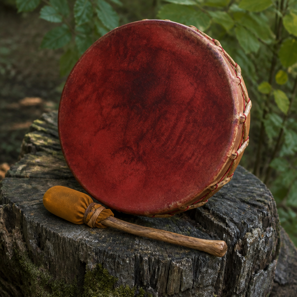 A red shamanic hand drum with a wooden beater resting on a mossy tree stump
