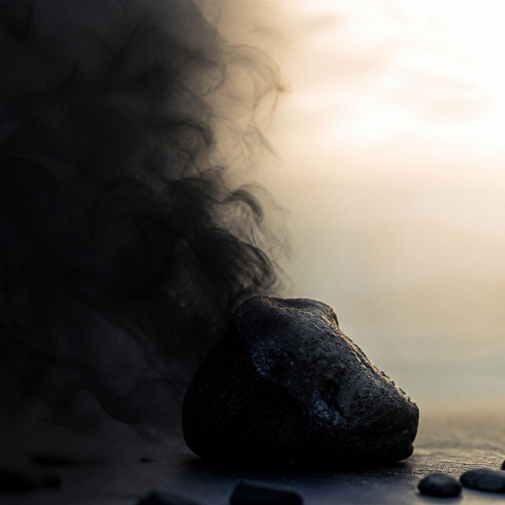 Dark smoke dispersing from a black volcanic stone into soft light