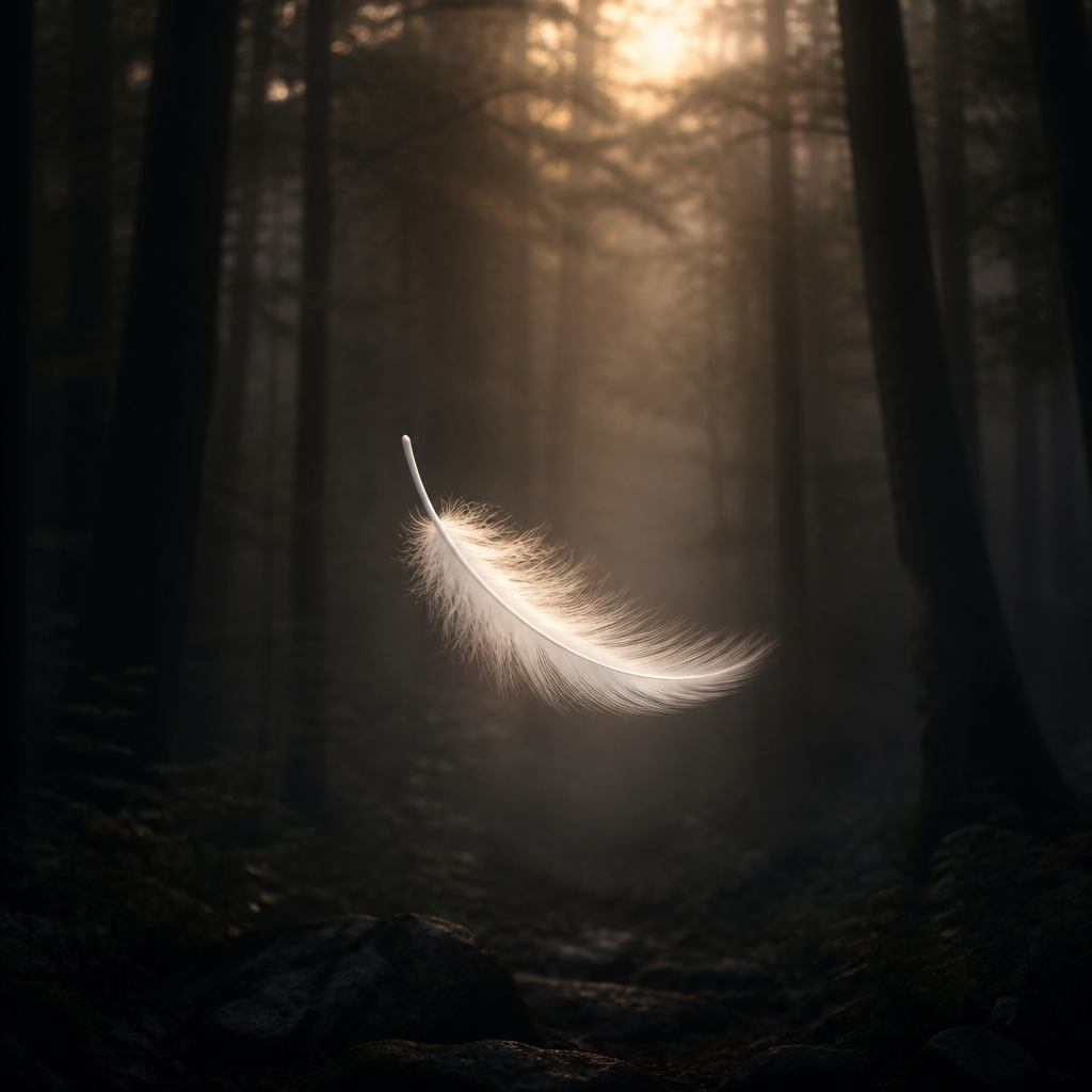 Luminous white feather glowing softly in a misty forest